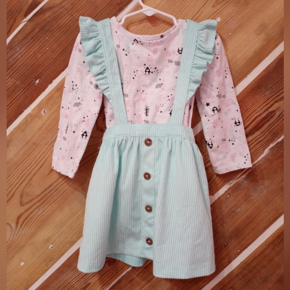 Mint Green Corduroy Overall Skirt w Cute Print Shirt